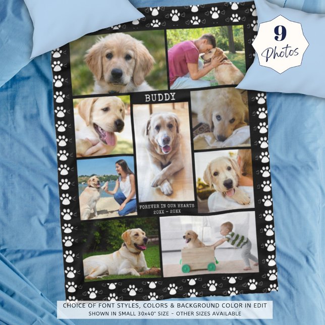 Dog Memorial Photo Collage Paws Hearts Black Fleece Blanket (Creator Uploaded)