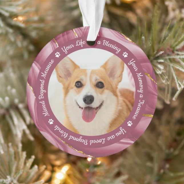 Dog Memorial Rose Gold Personalised 2 Pet Photo Ornament (Tree)