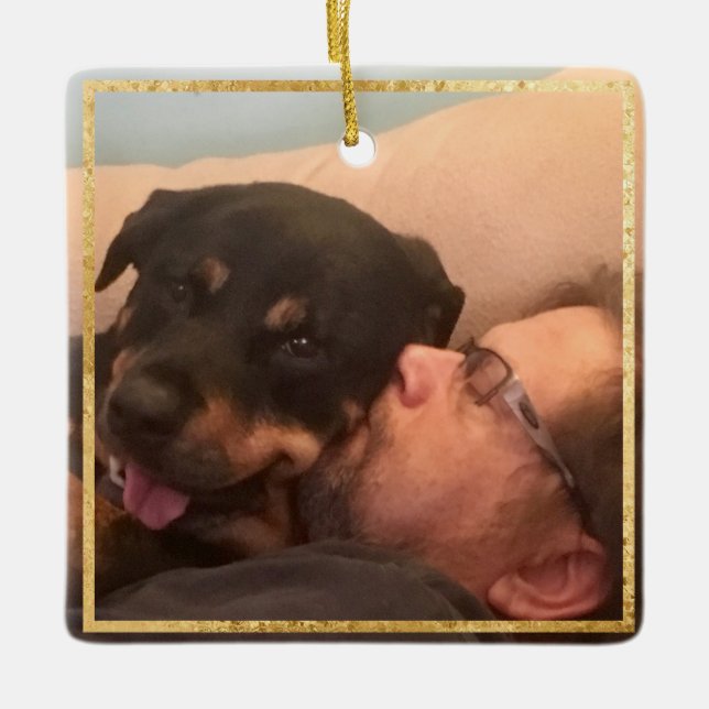 Dog Memorial Square Gold Trim Two Photo Ornament (Front)