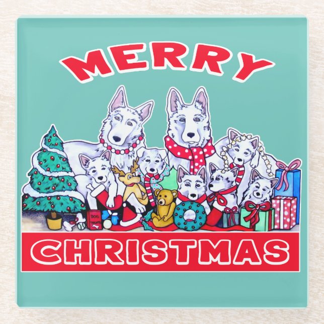 Dog Merry Christmas White Shepherd Holiday GSD Fun Glass Coaster (Front)