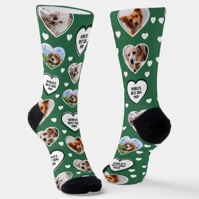DOG MOM Custom 4 Pet Cat Dog Heart Photo Green Socks (Angled)