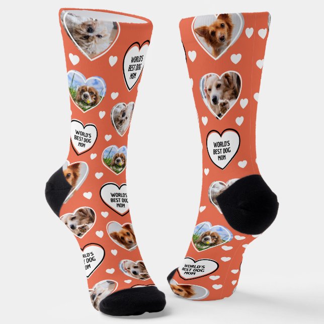 DOG MOM Custom 4 Pet Dog Heart Photo Burnt Sienna Socks (Angled)