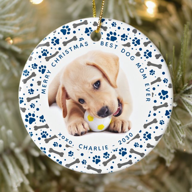 DOG MOM Custom Pet Photo Paw Prints Christmas  Ceramic Tree Decoration (Creator Uploaded)