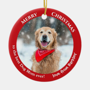 Dog Mom Custom Photo Red Christmas Ceramic Tree Decoration
