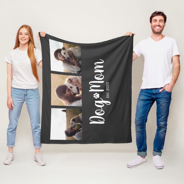 Dog Mom Established Elegant Script Black 3 Photo  Fleece Blanket (In Situ)
