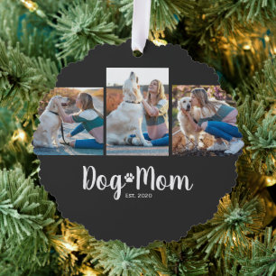 Dog Mom Established Modern Script Black 3 Photo  Tree Decoration Card