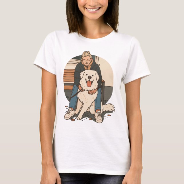 Dog Mom Hugging Fluffy Puppy Cute Pet Moment T-Shirt (Front)