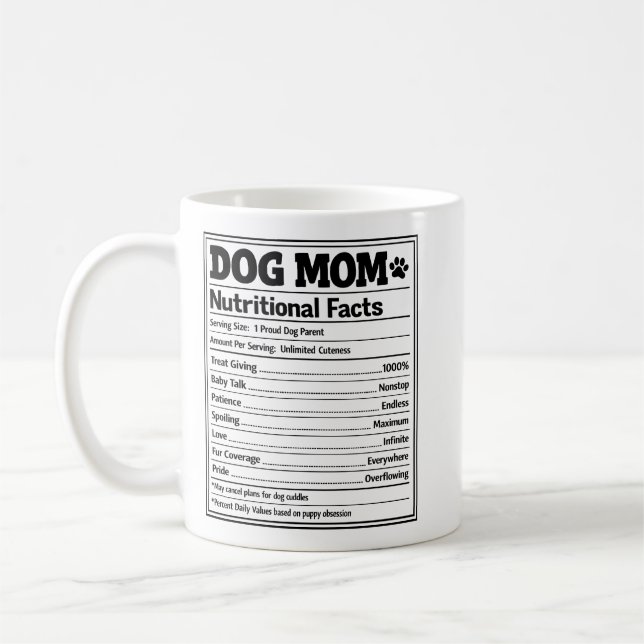 Dog Mom Nutritional Facts Funny Puppy Parent Coffee Mug (Left)
