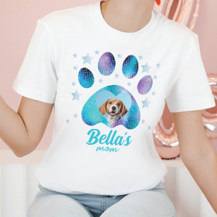 Dog Mom Paw Custom Photo Blue Glitter T-Shirt