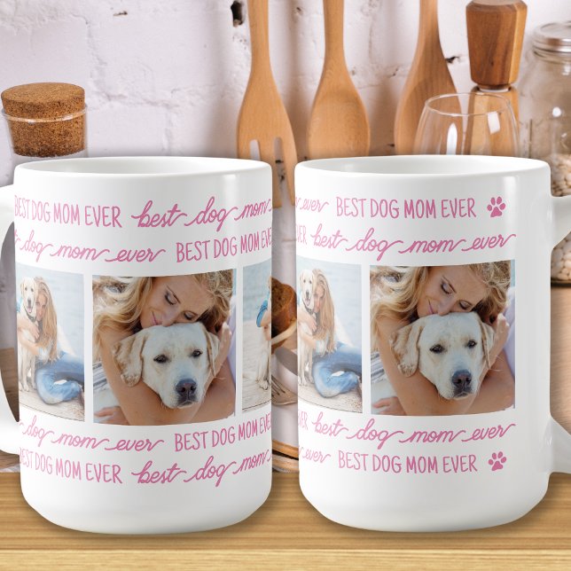 DOG MOM Personalised 4 Photo Collage Trendy Pink Coffee Mug (Creator Uploaded)