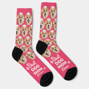 DOG MOM Personalised Chic Pink Pattern Pet Photo Socks