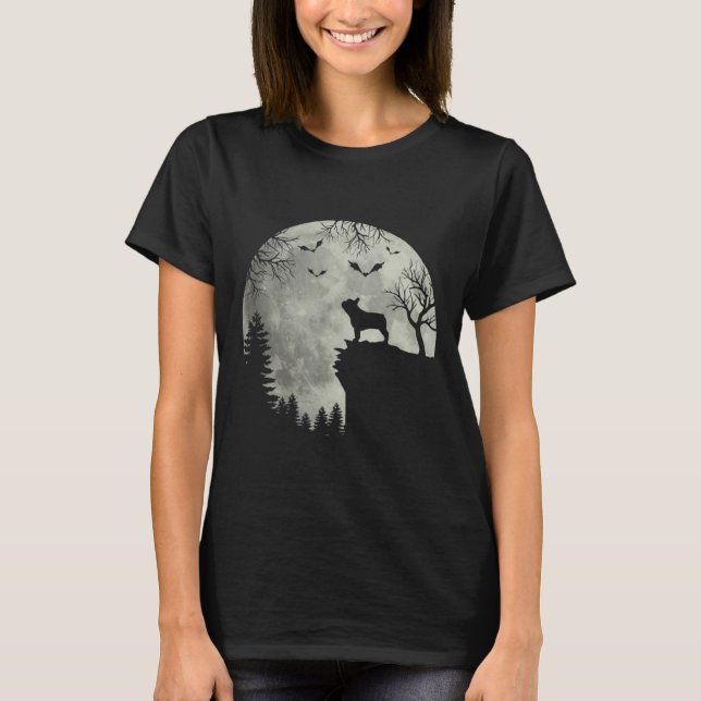 Dog Moon Howl In Forest Halloween Dog Frenchie  T-Shirt (Front)