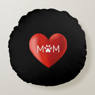 Dog Mum, Cat Mum with Paw & Heart on Black Round Cushion