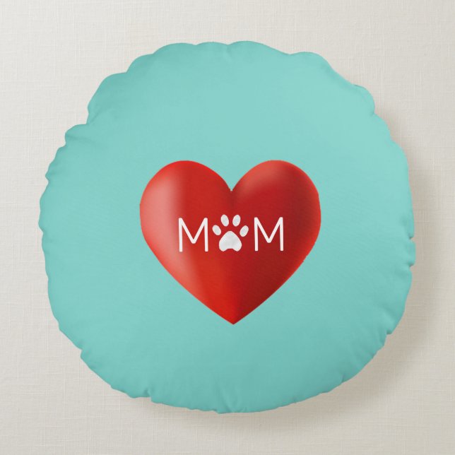 Dog Mum, Cat Mum with Paw & Heart on Teal Round Cushion (Front)