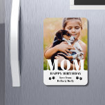 Dog Mum Happy Birthday Modern Personalised Photo Magnet<br><div class="desc">Dog Mum Happy Birthday Modern Personalised Photo Magnets. This modern design features a "MOM" white text overlay on your favourite photo on a white background with the editable text "Happy Birthday (your text and name)" is written in modern typography accented with paw prints. Personalise the text by editing the text...</div>