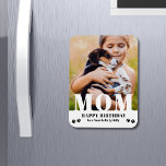 Dog Mum Happy Birthday Modern Personalised Photo Magnet<br><div class="desc">Dog Mum Happy Birthday Modern Personalised Photo Magnets. This modern design features a "MOM" white text overlay on your favourite photo on a white background with the editable text "Happy Birthday (your text and name)" is written in modern typography accented with paw prints. Personalise the text by editing the text...</div>