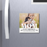 Dog Mum Happy Birthday Modern Personalised Photo Magnet<br><div class="desc">Dog Mum Happy Birthday Modern Personalised Photo Magnets. This modern design features a "MOM" white text overlay on your favourite photo on a white background with the editable text "Happy Birthday (your text and name)" is written in modern typography accented with paw prints. Personalise the text by editing the text...</div>