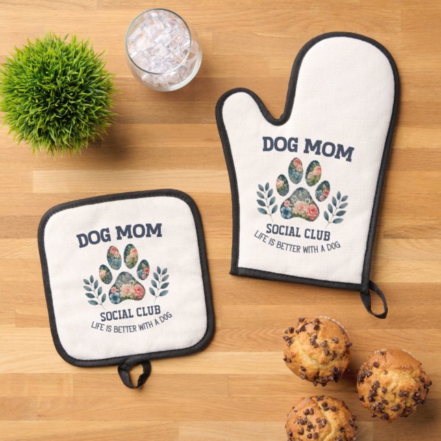 Dog Mum  Paw Floral  Oven Mitt & Pot Holder Set (Top Down)