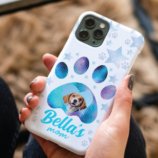 Dog Mum Photo Custom Blue Glitter Stars iPhone 11 Pro Case