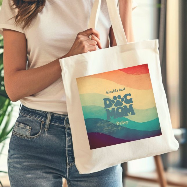 Dog Mum Retro Groovy Rainbow Tote Bag (Creator Uploaded)
