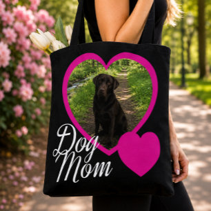 Dog Mum Script Pink Heart Photo Black Tote Bag