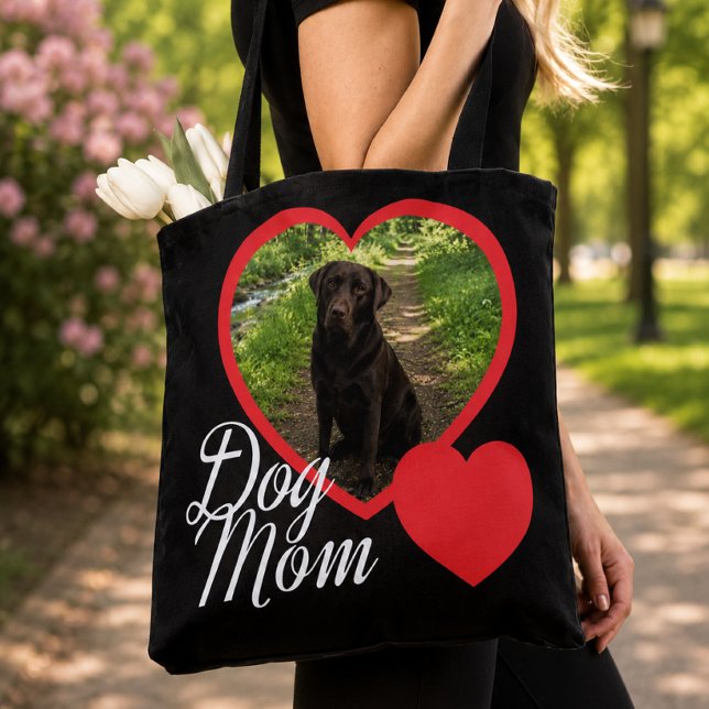 Dog Mum Script Red Heart Photo Black Tote Bag (Creator Uploaded)