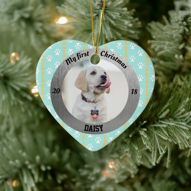 Dog My First Christmas Puppy Photo Name Heart Ceramic Tree Decoration (Tree)