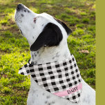 Dog Name on Buffalo Check Plaid Square Bandanna<br><div class="desc">Printed on one side, black and white buffalo check plaid pattern bandanna with dog's name on a pink band. Two sizes available: 18"x18" (kids, small dogs) and 22"x22" (adults, large dogs). Easily change name using the Template provided. Lightweight fabric that breathes well and dries quickly. 100% spun polyester. See "About...</div>