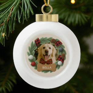 Dog Name Photo Holiday Christmas Custom Plaid Ceramic Ball Christmas Ornament