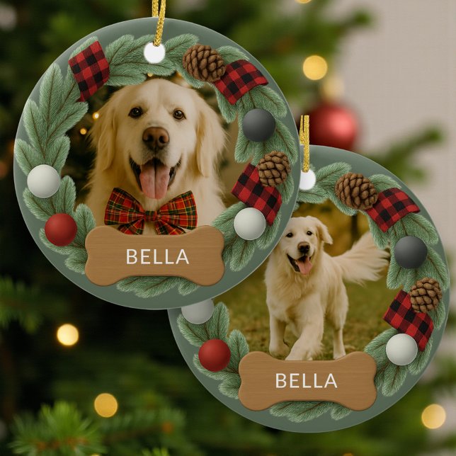 Dog Name Photo Holiday Christmas Wreath Ceramic Tree Decoration (Creator Uploaded)