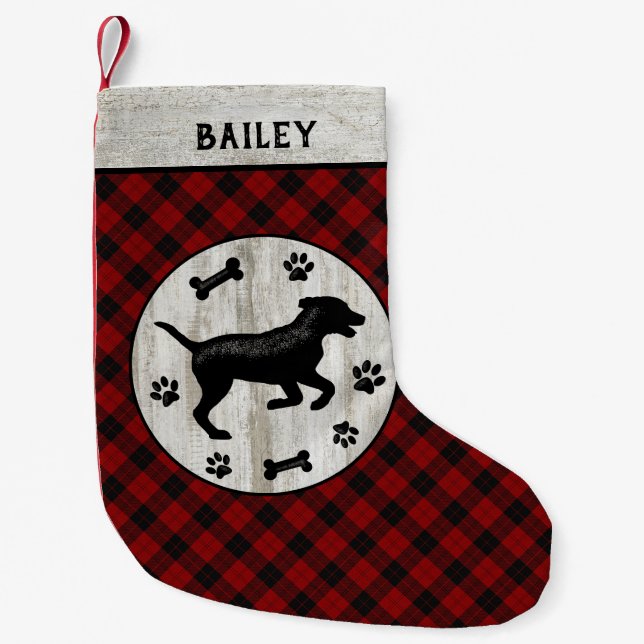 Dog Name Rustic Farmhouse Checker Red Plaid Wood Small Christmas Stocking (Front)