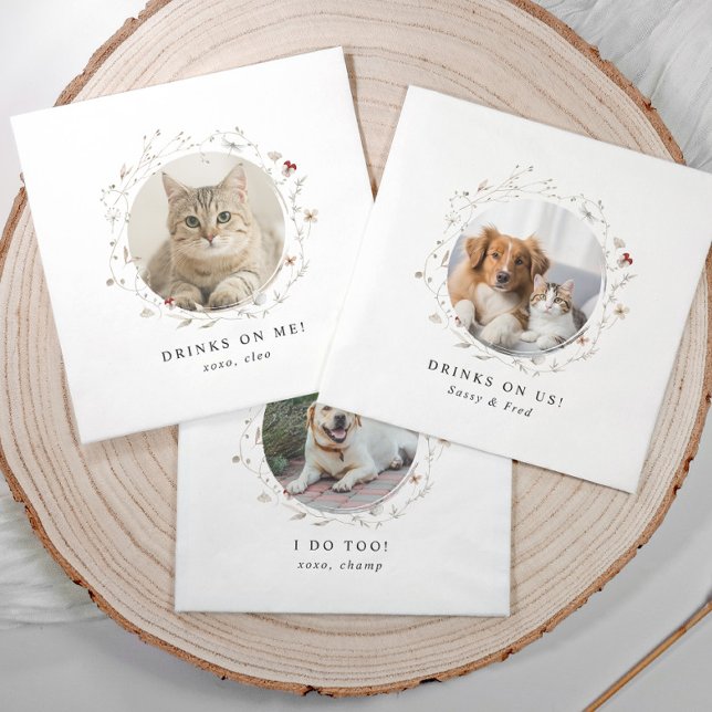 Dog Napkins Drinks on Us Elegant Wedding (Cute elegant wedding napkins with pet photo and watercolor wildflower design, “drinks on us” text.)