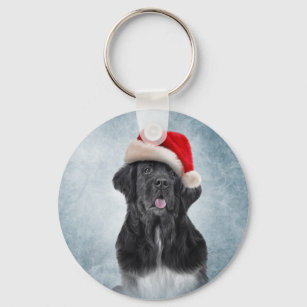 Dog Newfoundland in red hat of Santa Claus Key Ring