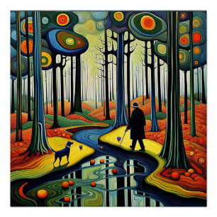 Dog observes man in forest poster
