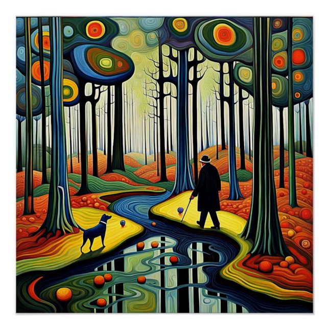 Dog observes man in forest poster (Front)