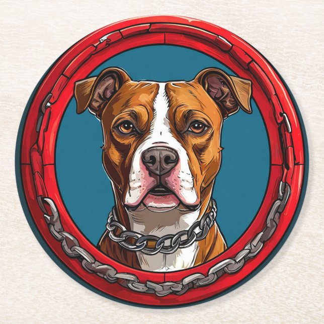 Dog on a blue background with chains round paper coaster (Front)