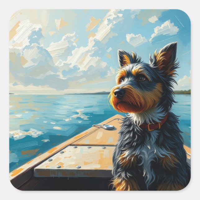 Dog on a boat square sticker (Front)