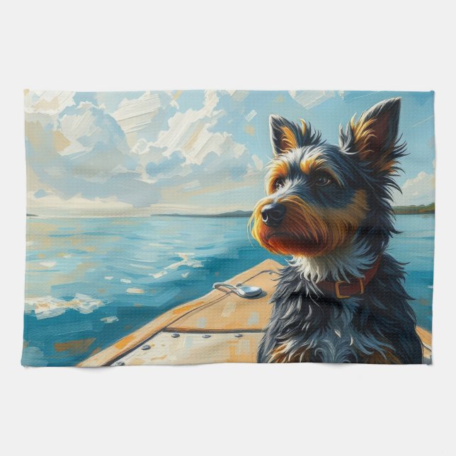 Dog on a boat tea towel (Horizontal)