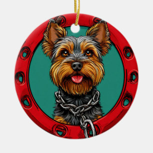 Dog on a green background ceramic tree decoration