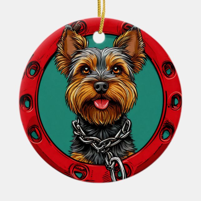 Dog on a green background ceramic tree decoration (Front)