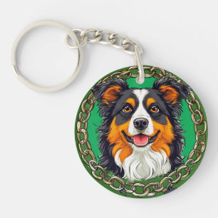 Dog on a green background with chains key ring