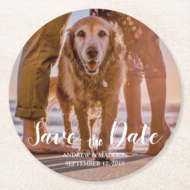 Dog on Beach with Couple Save the Date Round Paper Coaster (Front)