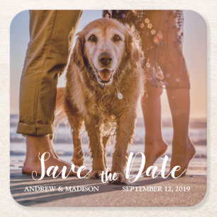Dog on Beach with Couple Save the Date Square Paper Coaster