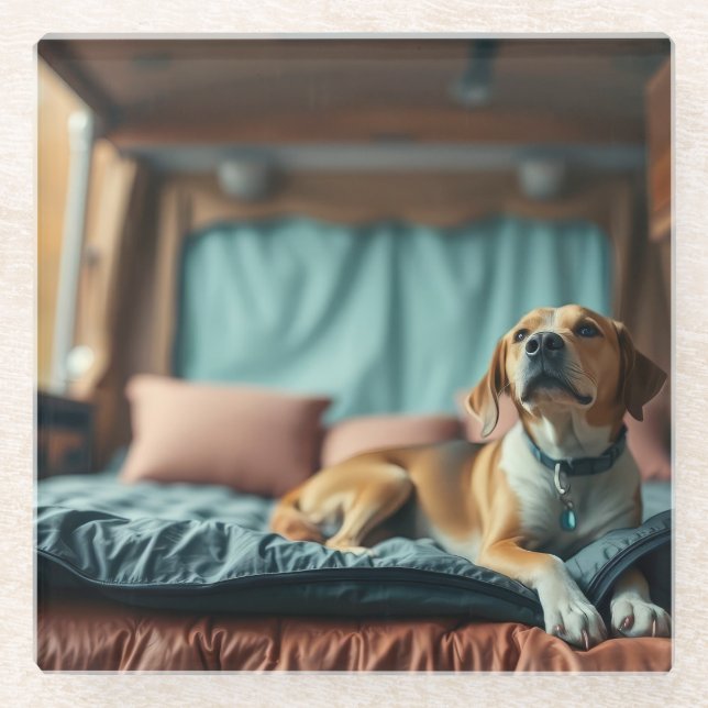 Dog on Bed Glass Coaster (Front)