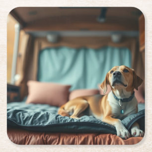 Dog on Bed Square Paper Coaster
