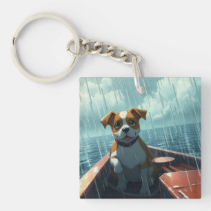 Dog on boat in ocean during rain key ring