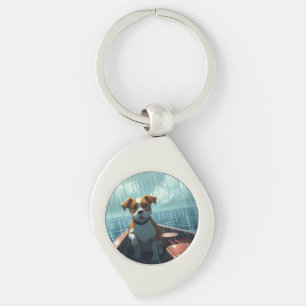 Dog on boat in ocean during rain key ring