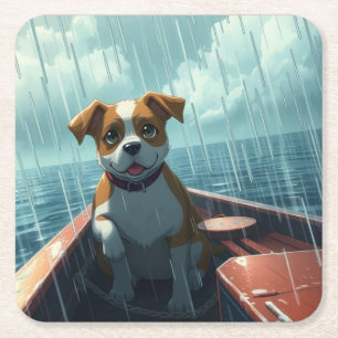 Dog on boat in ocean during rain square paper coaster