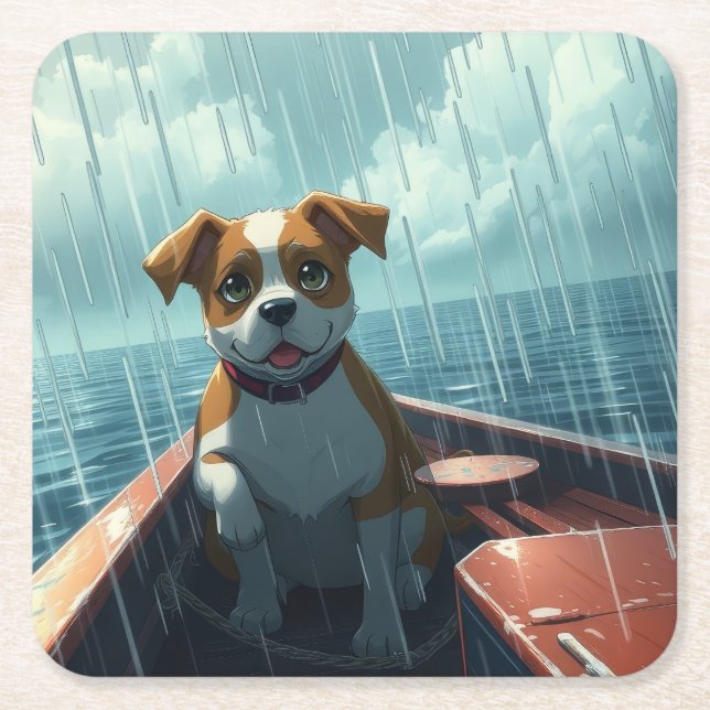 Dog on boat in ocean during rain square paper coaster (Front)