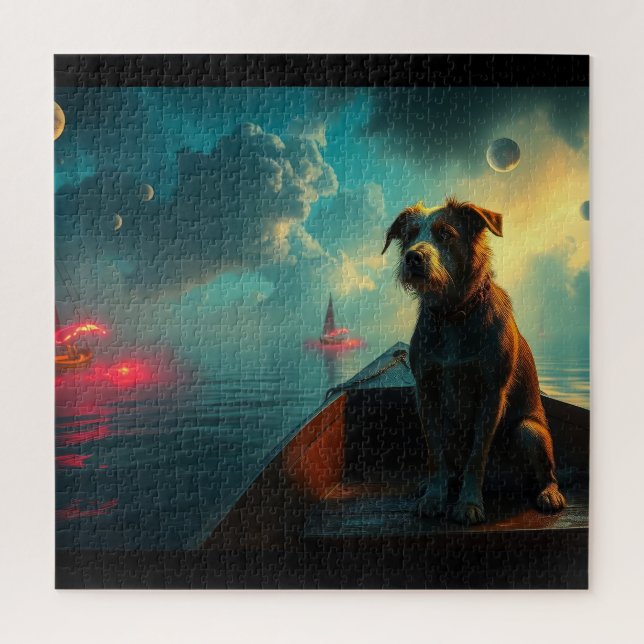 Dog on boat jigsaw puzzle (Vertical)